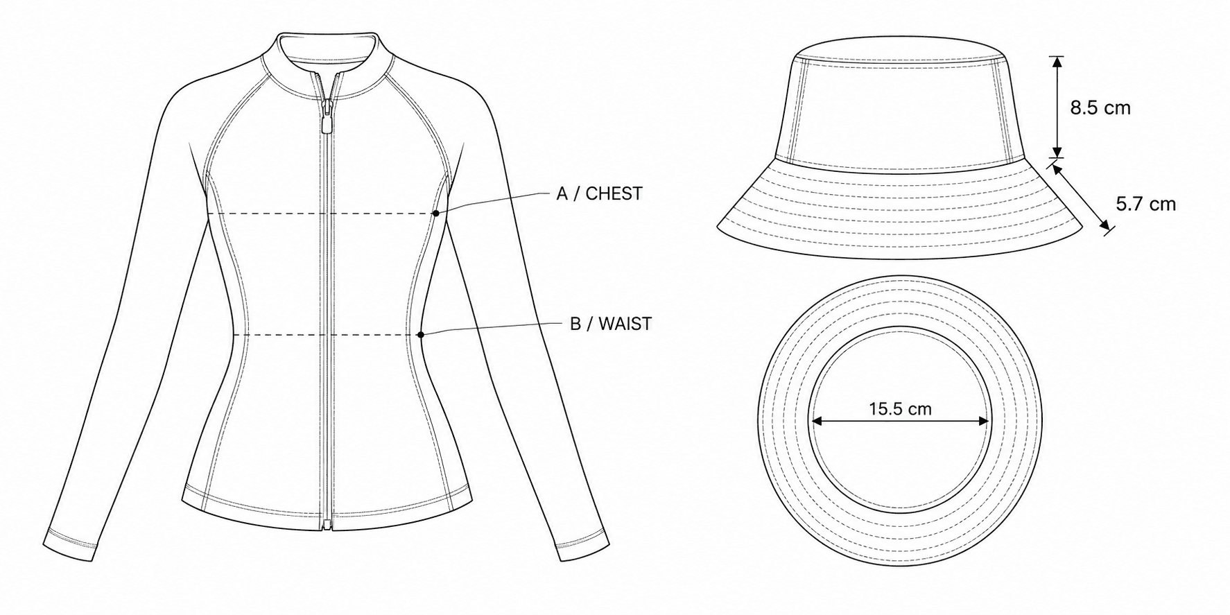 2D rashguard front view: A marks chest level, B marks waist level. Measure around your body.