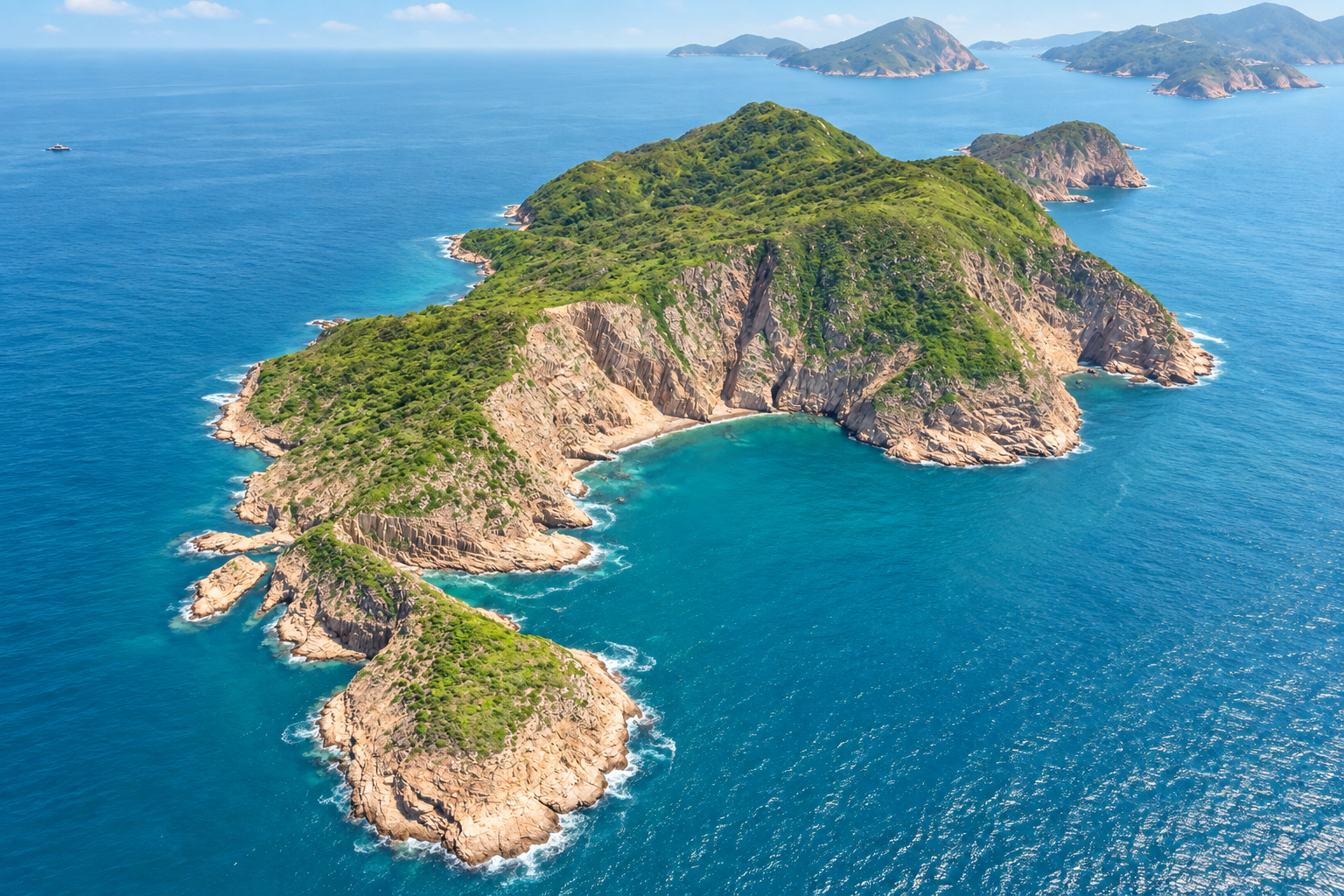 甕缸群島・沙塘口山の岩岸（甕缸灣の停泊水域ではありません） — AI生成の景観イメージです。