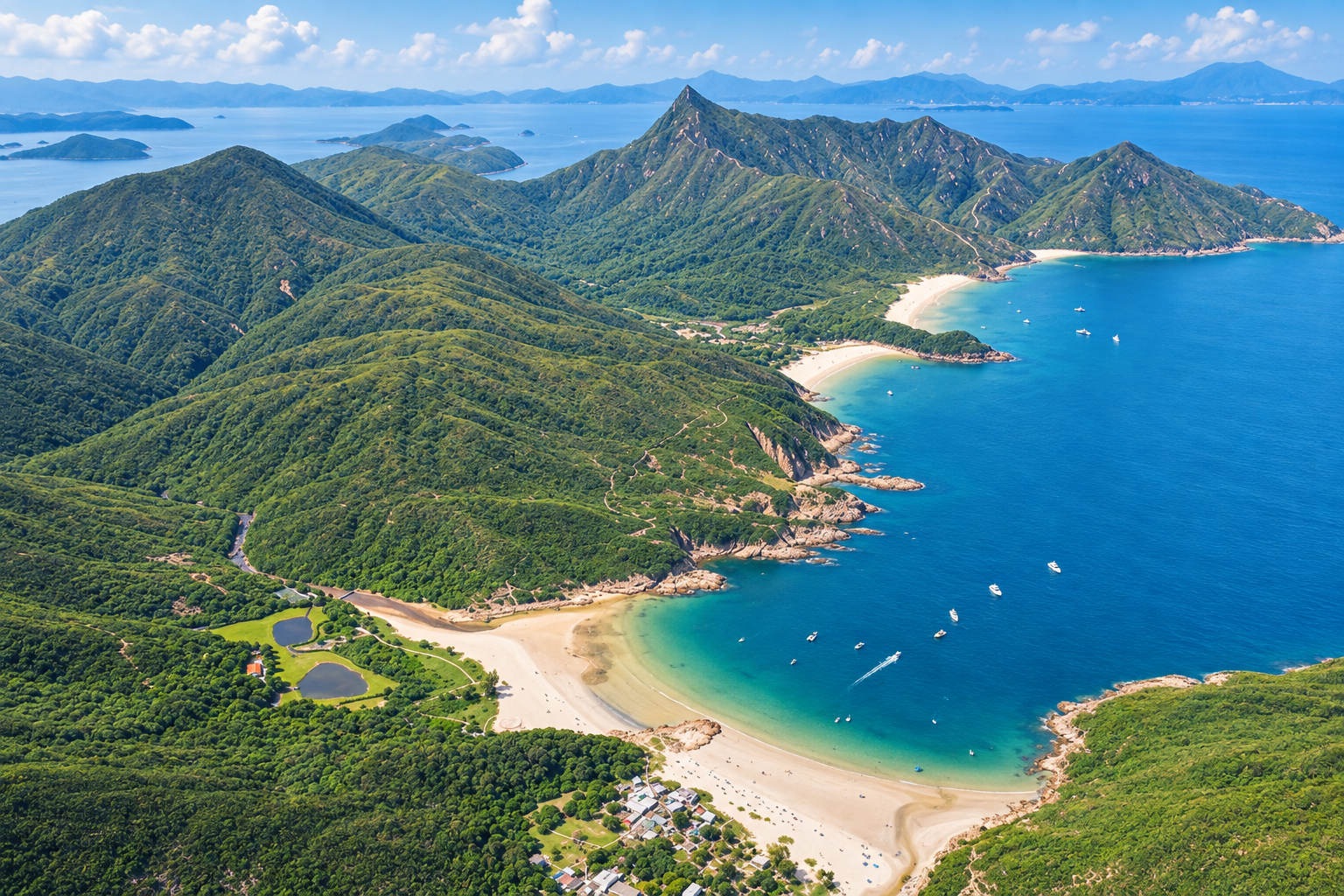 大浪西灣と遠方に続く山と海の景色 — AI生成の景観イメージです。